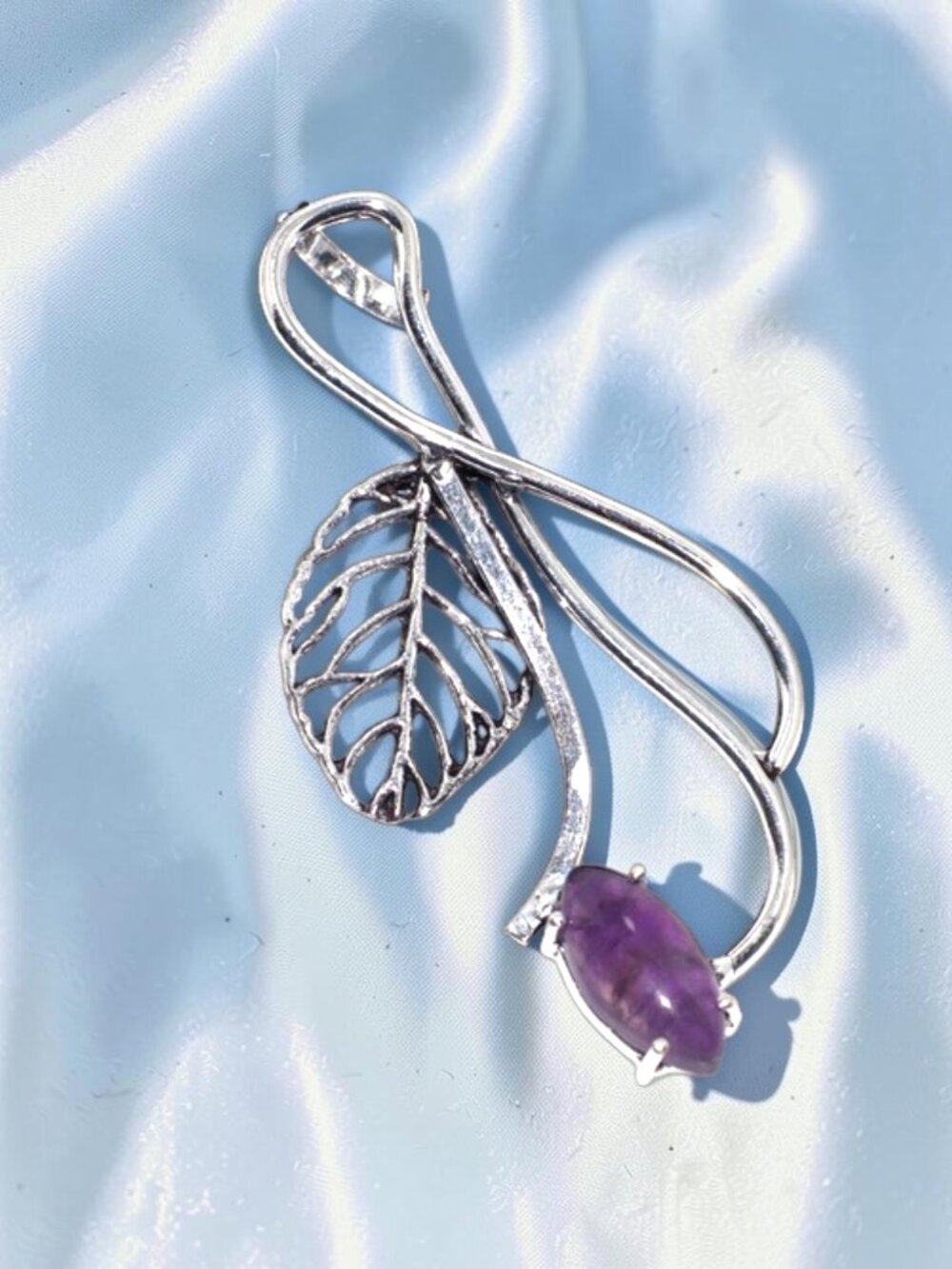 Natural Amethyst 925 Silver Plated Leaf Gemstone Pendant 2.5"